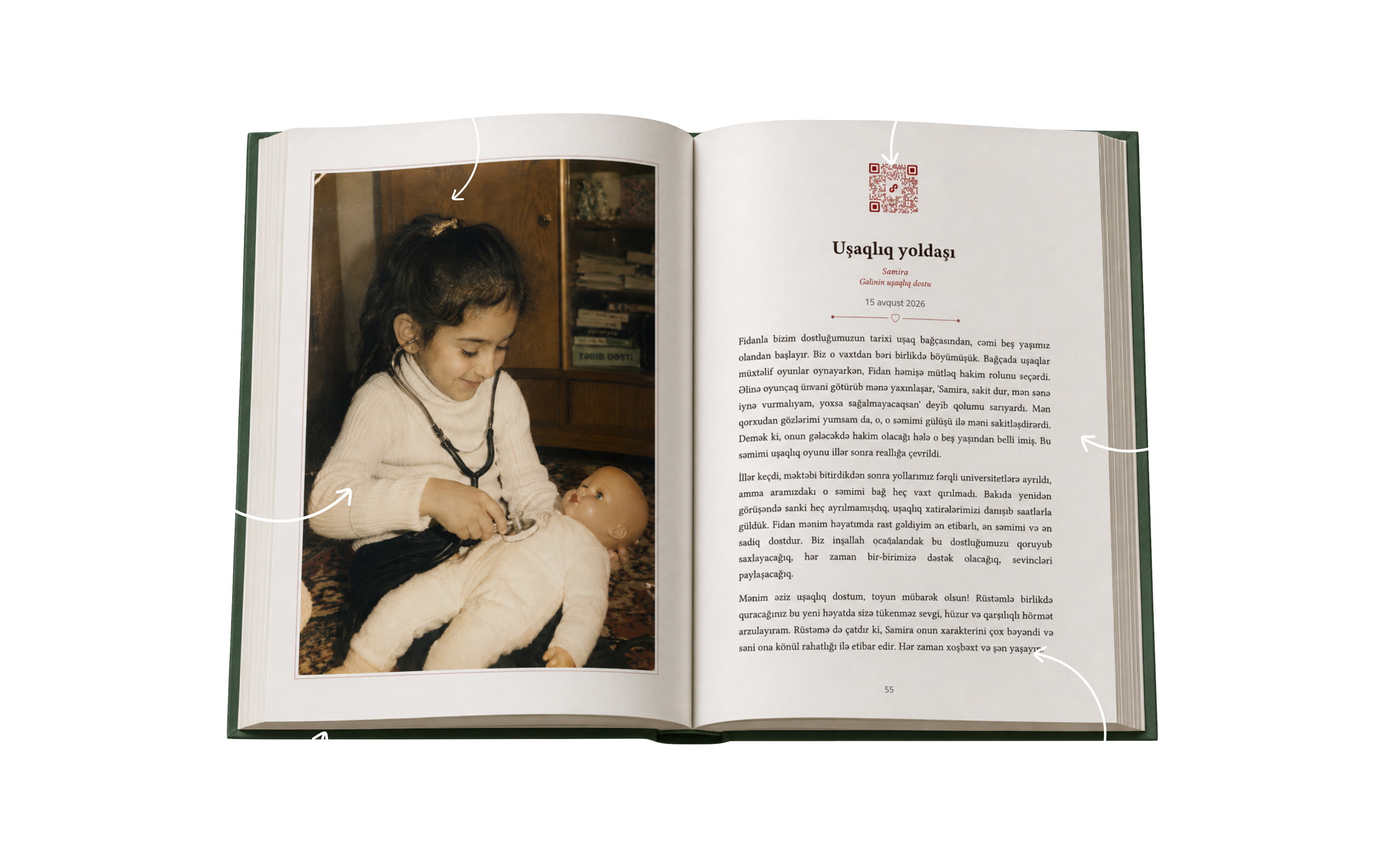 Разворот книги воспоминаний Amorena — слева семейное фото, справа напечатанная история и QR-код